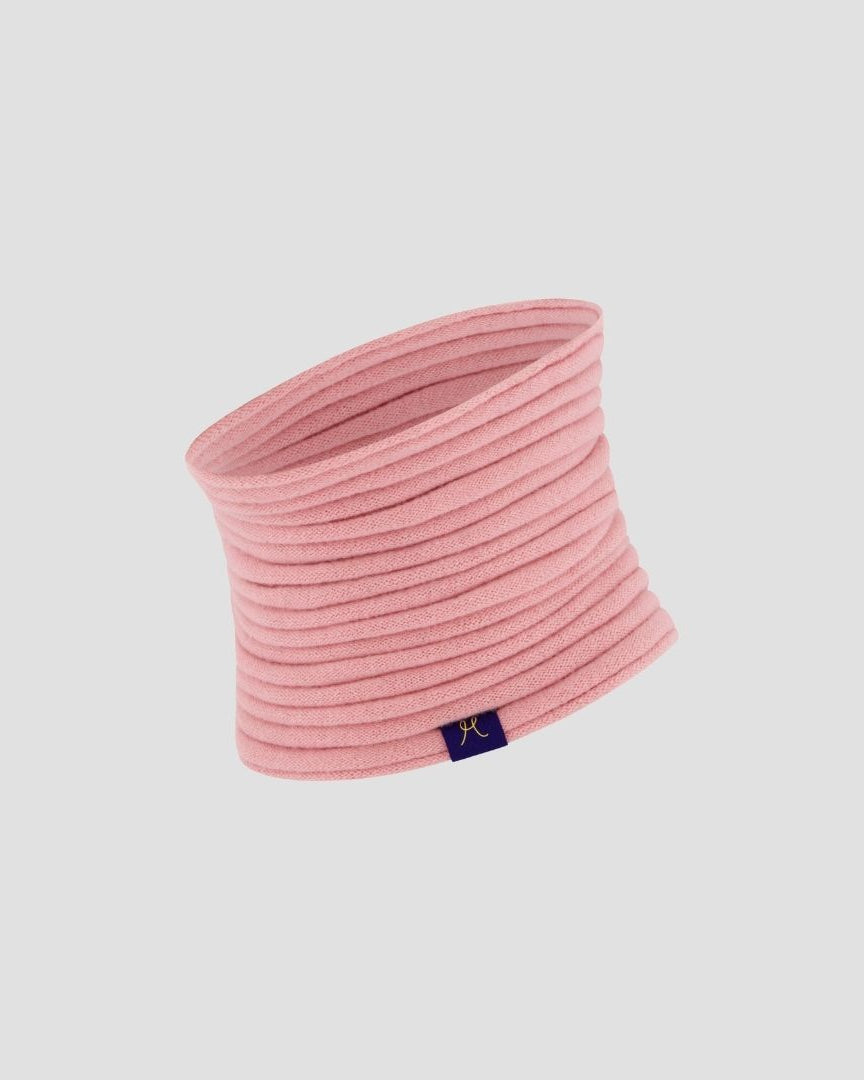 Pink neck gaiter with a brand logo on a light gray background