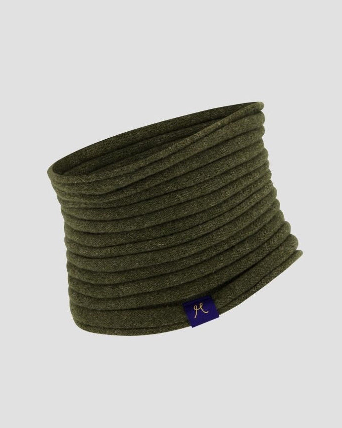 Green neck gaiter with a brand logo on a light gray background