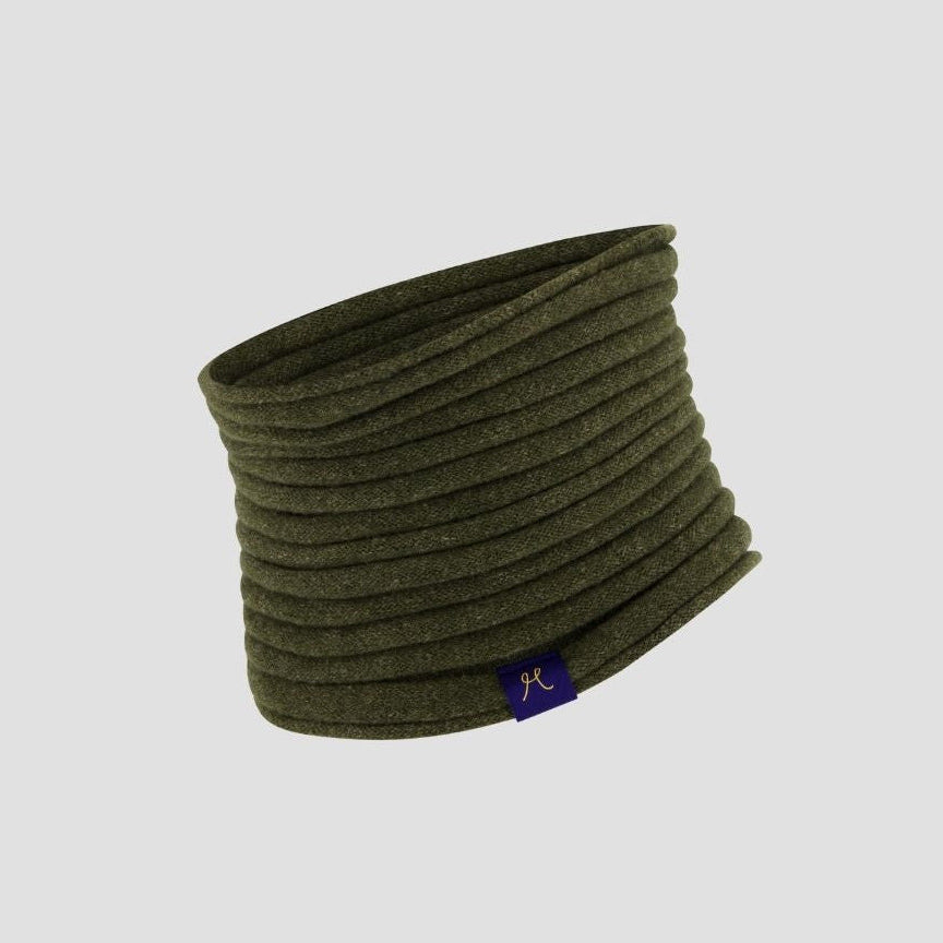 Green neck gaiter with a brand logo on a light gray background