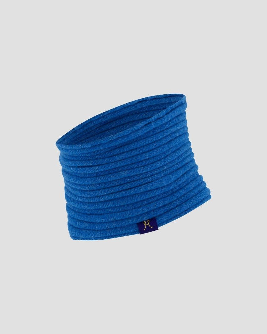 Blue neck gaiter with a brand logo on a light gray background
