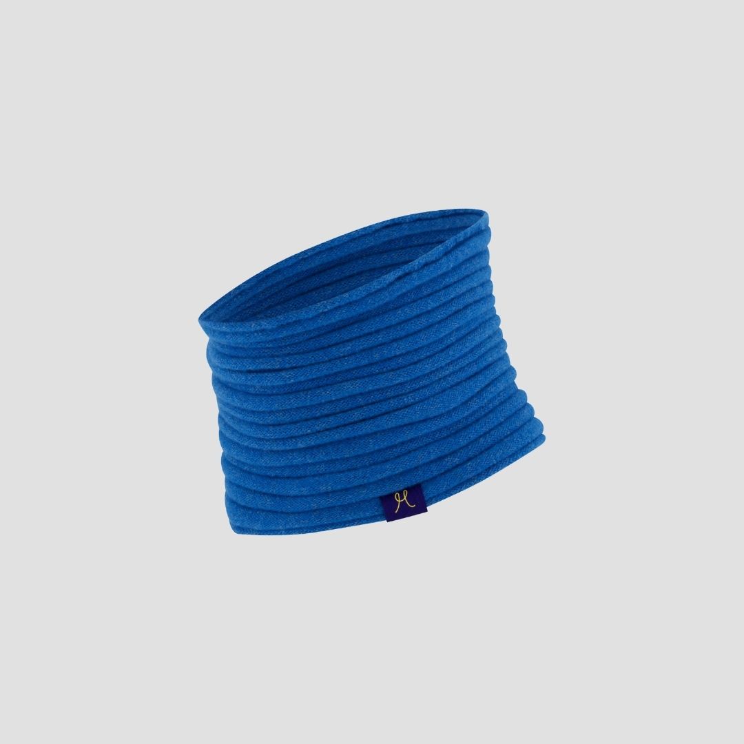 Blue neck gaiter with a brand logo on a light gray background