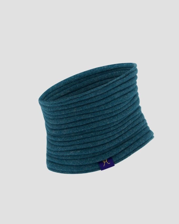Teal neck warmer with a brand logo on a light gray background