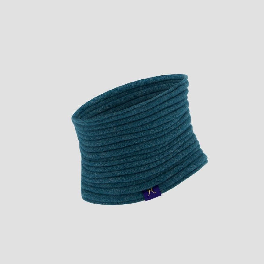 Teal neck warmer with a brand logo on a light gray background
