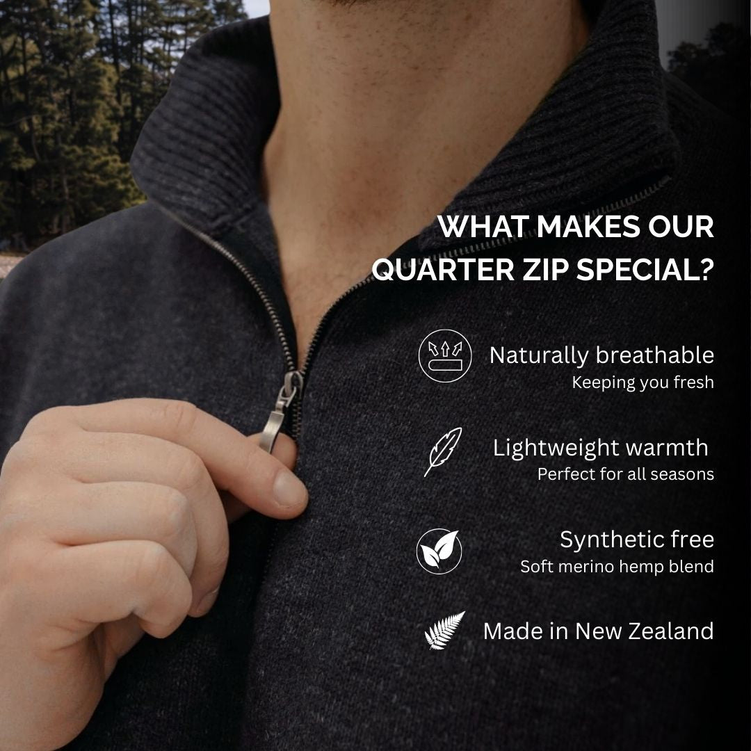 Person wearing a quarter zip pullover with text highlighting features