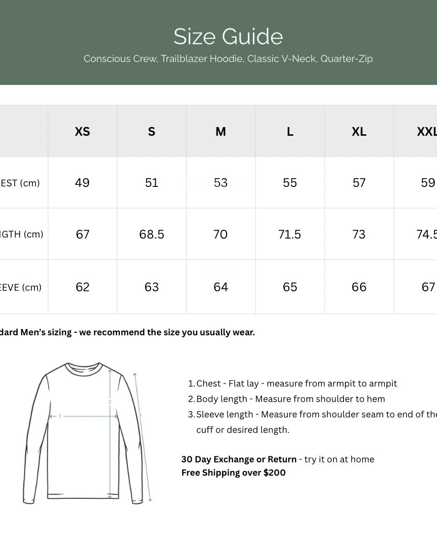 Size guide for clothing with measurements in centimeters