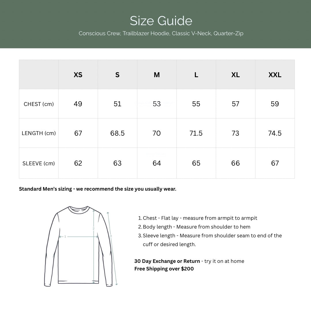 Size guide for clothing with measurements in centimeters