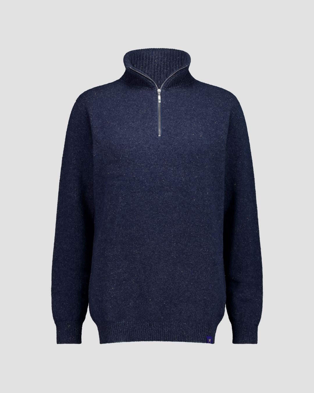 Navy blue sweater with a zipper on a light gray background