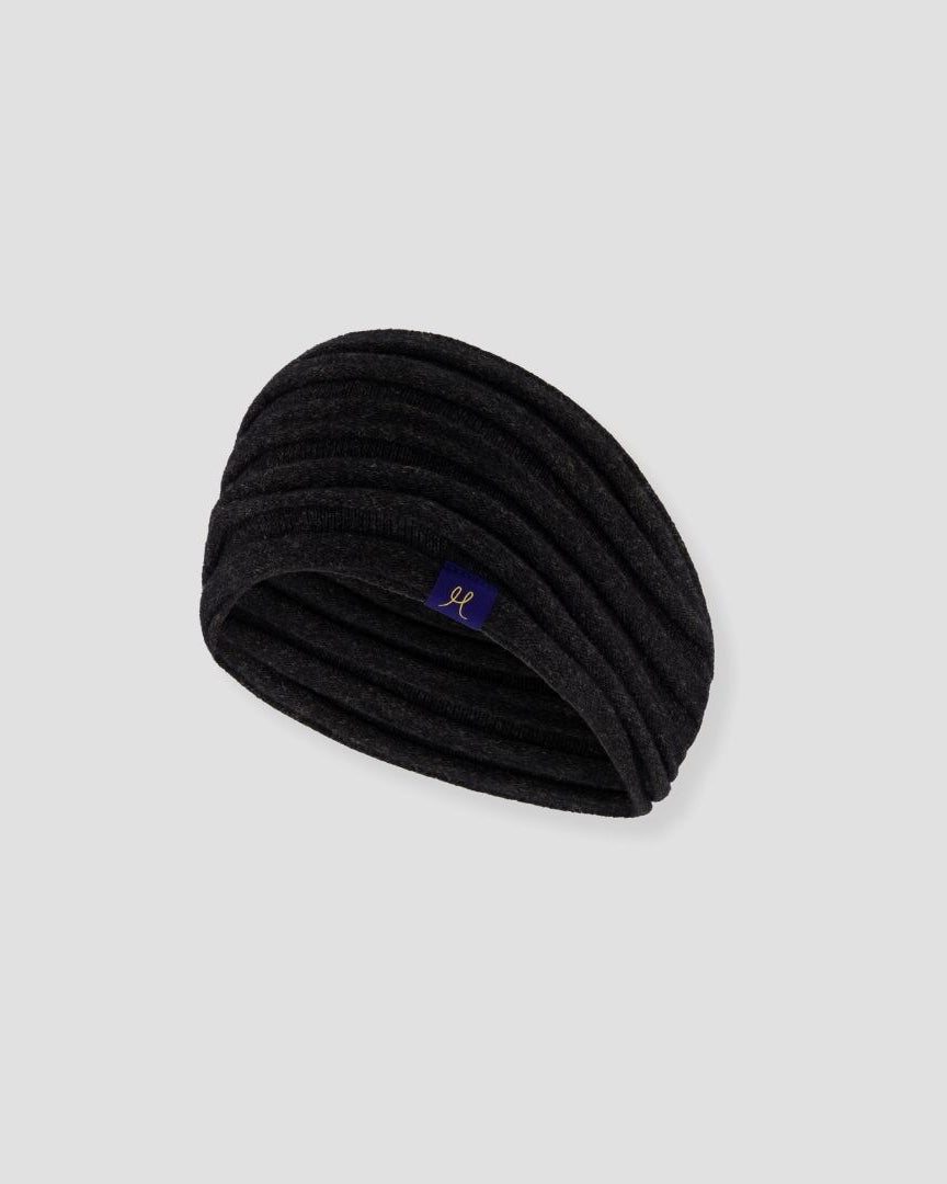 Black headband with a small logo on a light gray background