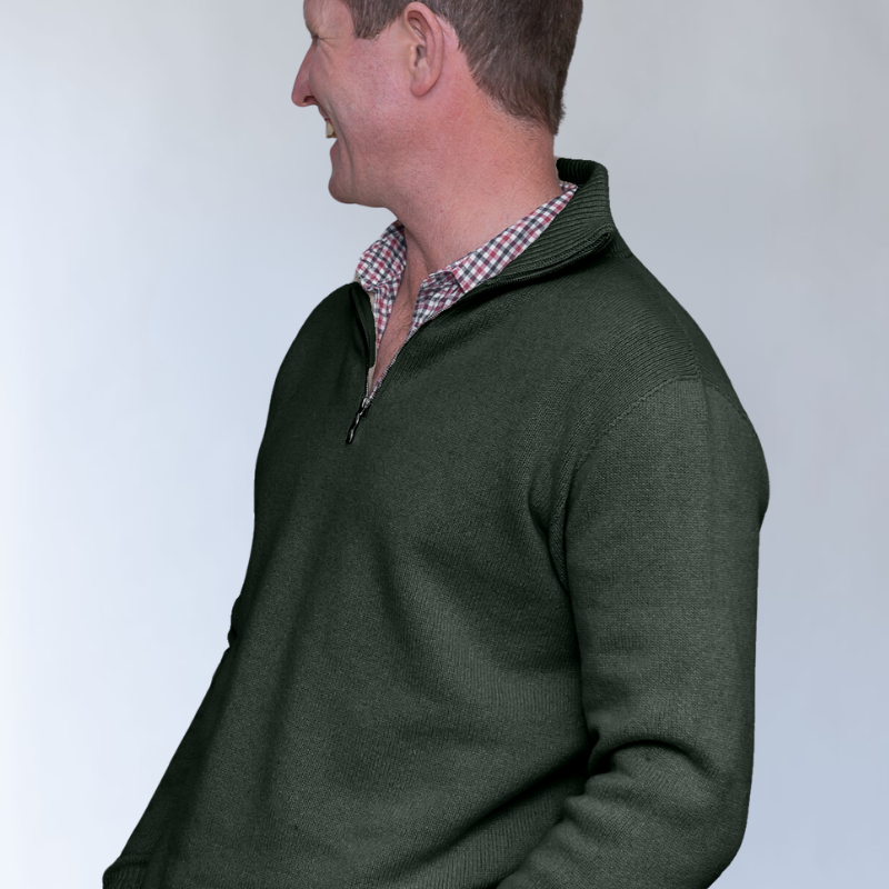 Quarter Zip jersey sweater in dark green. Unisex style made from blend of hemp and merino. Made in New Zealand. 