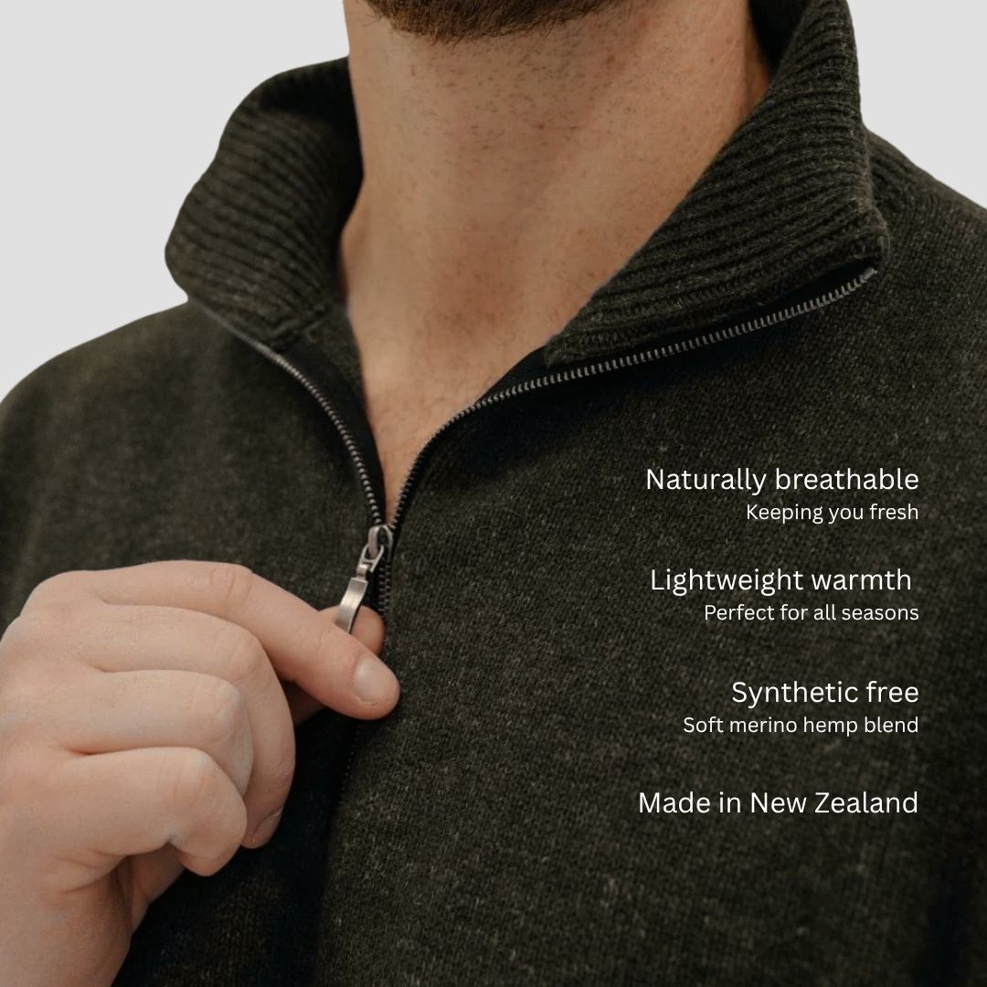 Men's Merino & Hemp Quarter-Zip Sweater - Charcoal - Hemprino