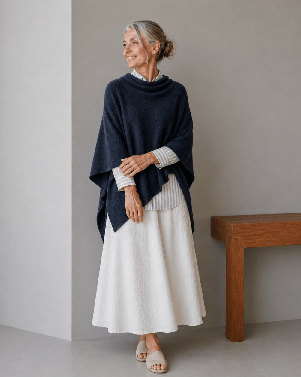 Merino & Hemp Wrap Poncho - Navy - Hemprino