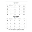 Size chart for Unisex and Women's Hemp Tees with measurements in CM and Inches.