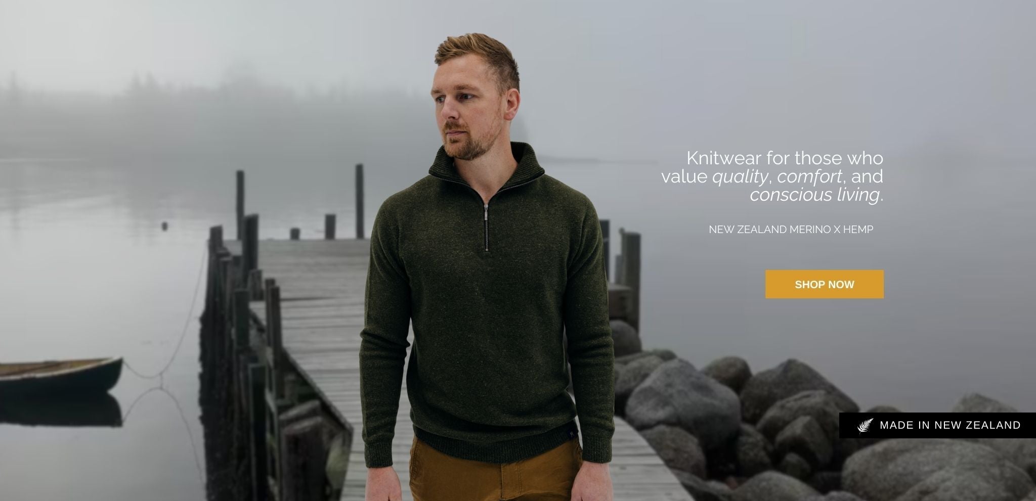 Man wearing a green sweater standing by a lake with promotional text and branding elements.