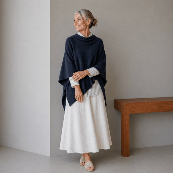 Women's Merino Wool & Hemp Wrap Poncho - Navy