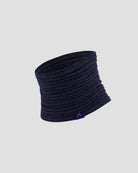 Navy blue knitted neck warmer on a light gray background