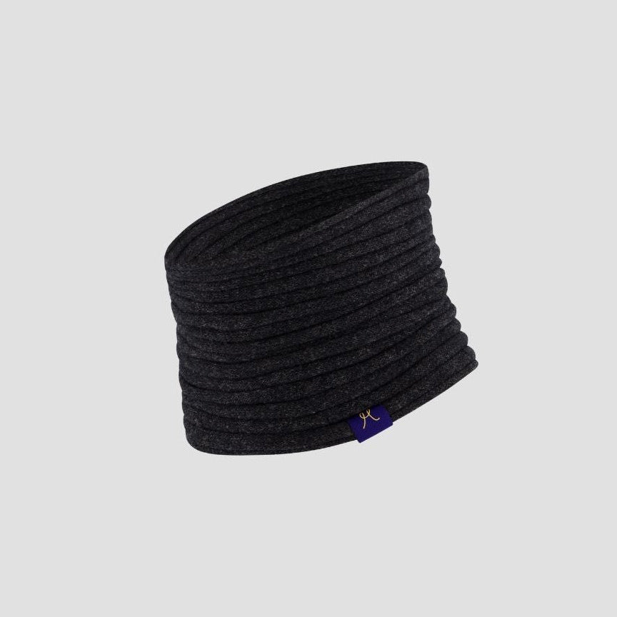 Black headband with a brand logo on a light gray background