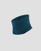 Teal neck warmer with a brand logo on a light gray background
