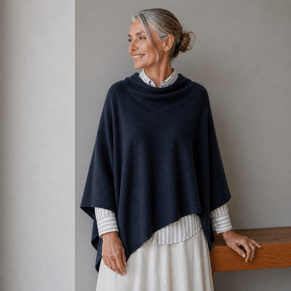 Women's Merino Wool & Hemp Wrap Poncho - Navy
