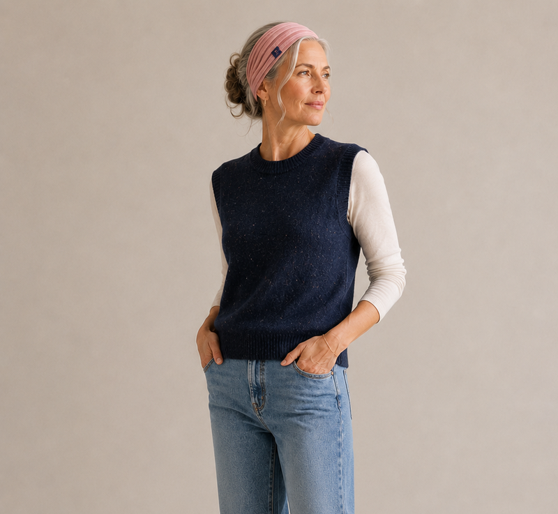 A woman wearing a navy blue knit sleeveless sweater vest over a cream long-sleeve shirt, paired with light blue jeans and a pink headband, standing against a plain beige studio background.