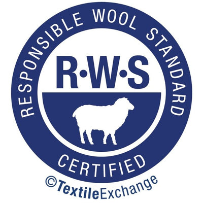 Responsible Wool Standard certification logo with a sheep silhouette on a white background
