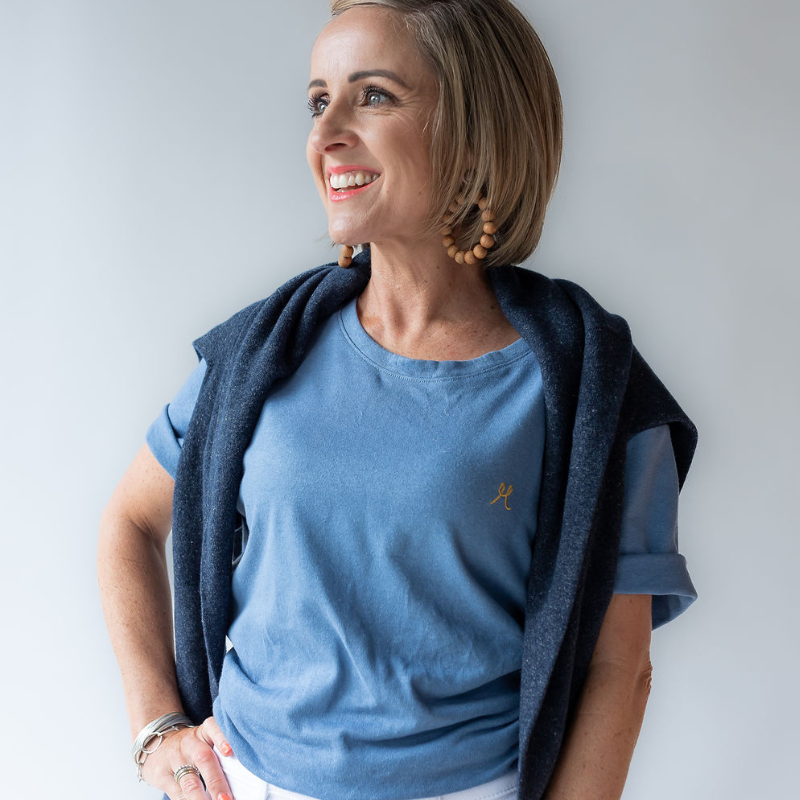 Hemp and Organic cotton unisex tshirt in light blue. Paired with blue merino jersey.