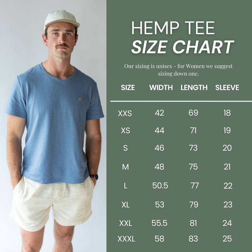 Hemp and organic cotton standard fit unisex tshirt size guide.