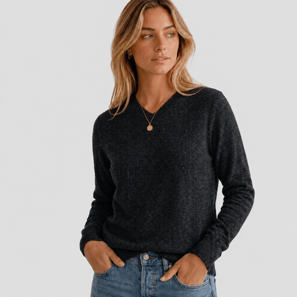 Women's Merino & Hemp V-Neck Sweater - Charcoal - Hemprino